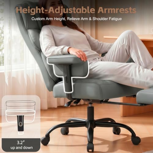 Vonesse Office Chair, Desk Chair with Soft Adjustable Armrests, Ergonomic High Back Gaming Chair with Lumbar Support, Executive Computer Chairs with Footrest (PU Leather, Gray)