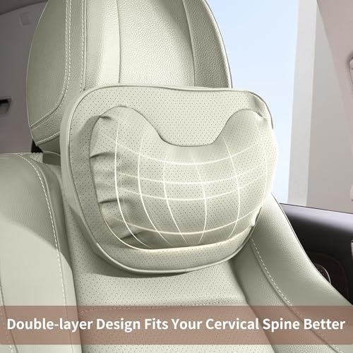 Car Neck Pillow [No More Pressure] Soft Comfortable Premium Leather Headrest with Adjustable Strap – Ergonomic Support for Driving, Office & Gaming, Off White (Beige), 2 Pack