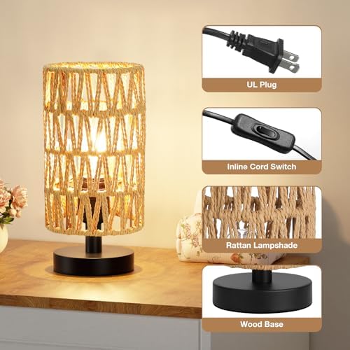 Table Lamps Set of 2 (Rattan Rope Shade - Black Base, 9" Inline Control)