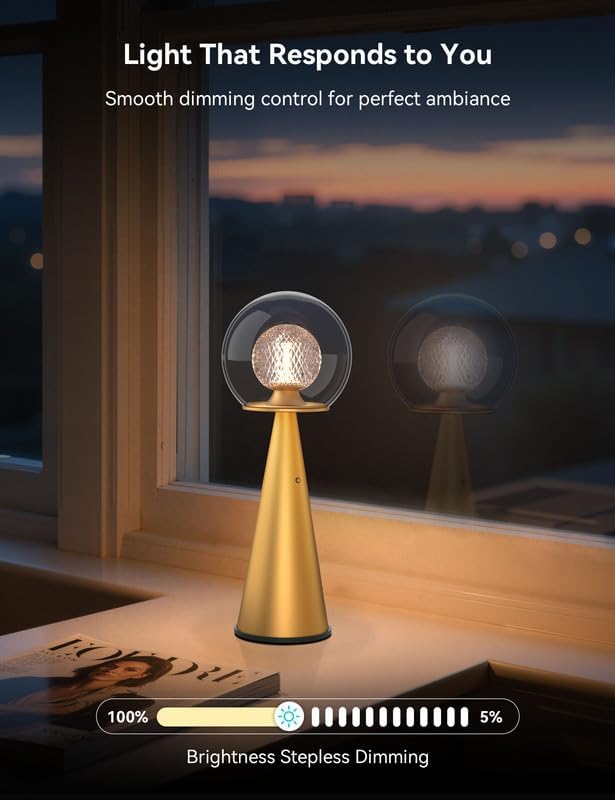 Tubicen Gold Cordless Table Lamp Rechargeable 8000mAh Portable Dual-Globe
