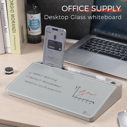 TOWON Compact Glass Desktop Whiteboard with Storage 12x7 in, Gray