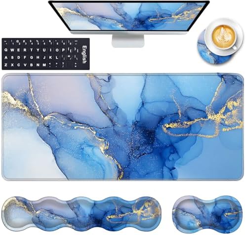 Keyboard Wrist Rest and Mouse Pad with Wrist Support Set Ergonomic Coaster,Memory Foam,Easy Typing Pain Relief,Large XL Desk Mat 31.5"x 11.8",Marble Texture