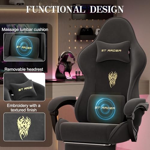 Soontrans Black Velvet Gaming Chair with Embroidery Design