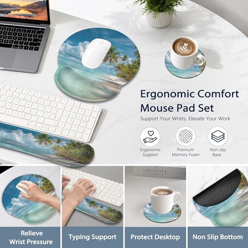 Wrist Rest Support for Mouse Pad Keyboard Set, Hawaii Beach Palm Tree Mouse Pad with Non Slip Rubber Base for Home and Office Typing Support