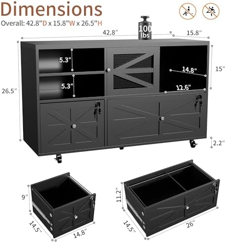2 Drawer Farmhouse File Cabinet with Lock, Mobile Lateral Filing Cabinet for Letter/Legal/A4 Size, Open Storage Adjustable Shelf for Home Office Cabinets, Black