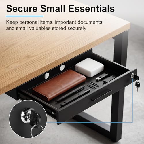 Menkxi 22'' x 14'' Under Desk Drawer Slide Out Storage Organizer, Lockable Metal Desk Drawer for Laptop and Office Accessories, Large Hidden Under Table Storage Box with Cable Management, Black