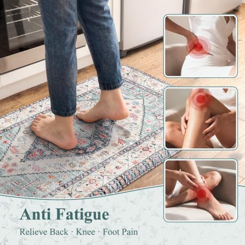 KIMODE Anti Fatigue Kitchen Mats,Boho Vintage Kitchen Rugs Sets of 2 Blue