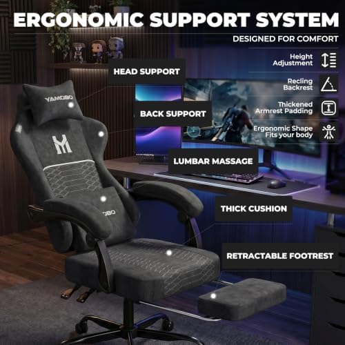 Gaming Chair with Footrest, Ergonomic Computer Chair with Lumbar & Headrest Support for Adults, High Back Office Desk Chair with 360°Swivel Wheels for Game and Work, Breathable Fabric，Black