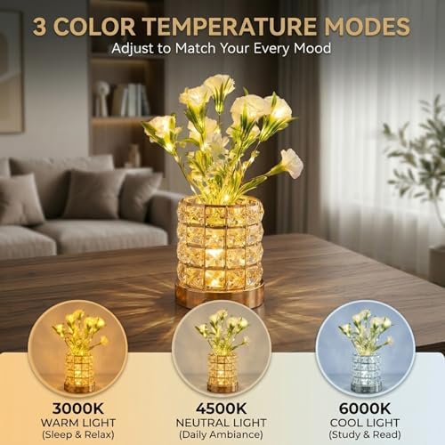 Flower Table Lamps, Rechargeable Cordless Small Desk Lamp, 3 Colors Dimmable Artificial Flowers Night Light, Fake Bouquet Carnation with Crystal Vase Gifts for Girl Women Mom (White - Carnation)