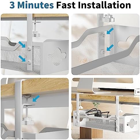 Under Desk Cable Management Tray 2 Pack, No Drill Cable Organizer With Clamp for Standing Desk, Easy to Install Cord Management System, No Damage Wire Organizer