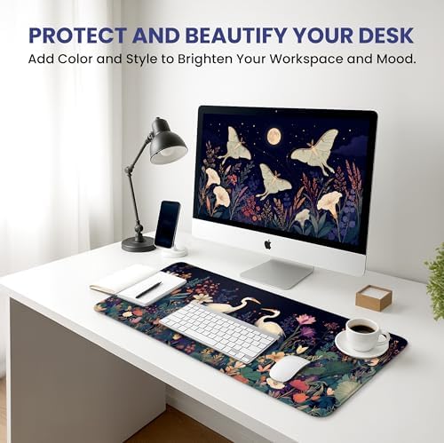 Aesthetic Desk Mat, Cute Midnight Cranes Desk Pad Protector for Work & Decor, 35.4" x 15.7", Pretty Non-Slip Extended Mouse Pad for Office or Home
