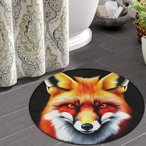 Men's Large Home Decor Mat, Soft Round Yoga Carpet, Non Slip Machine Washable Home Office Circle Rug Fox Art