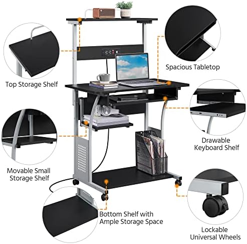 Topeakmart Rolling Computer Desk with Charging Station and 2 USB Ports for Small Space, Study Writing Desk with Keyboard Tray and Printer Shelf for Home Office, Compact Study Table with Wheels, Black