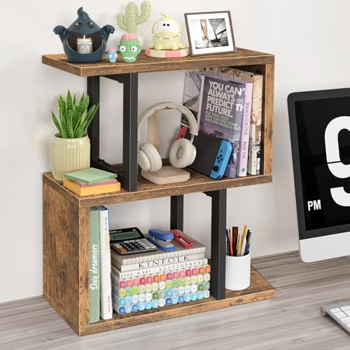Desktop Bookshelf for Top of Desk Shelf - Brown Book Organizer 3-Tier Shelves Storage Small Bookcase Hutch for Dorm Office College