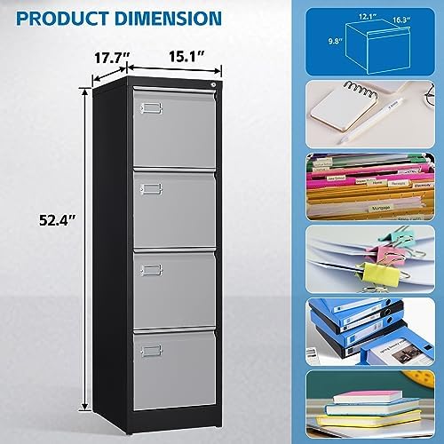 BYNSOE 4 Drawer File Cabinet with Lock Metal Vertical Filing Cabinet Office Home Lateral File Cabinet for A4 Legal/Letter Size,Assembly Required