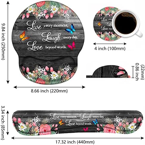 Keyboard Wrist Rest and Mouse Pad Wrist Support Set with Coasters, Ergonomic Gaming Mousepad Non-Slip PU Base for Home Office Working Studying Easy Typing & Pain Relief, Floral Quote Live Laugh Love