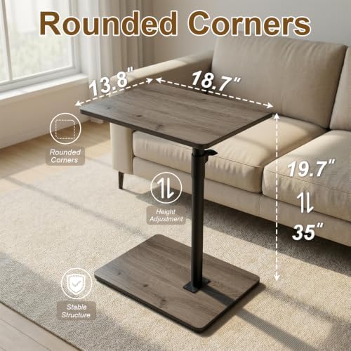 YUHFERA Sofa Armrest Tray Table for Couch - 360 Swivel Height Adjustable C Shaped End Table for Small Spaces, Snack Side Table for Bed or Chair with Phone & Tablet Slot (Gray, Enlarged)
