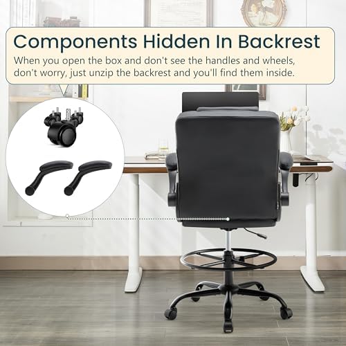 Drafting Chair 500Lbs, Tall Office Chair for Standing Desk, High PU Leather Executive Office Chair with Flip-up Armrests, Ergonomic High Chair with Adjustable Foot Ring, Comfy Stool Chairs, Black