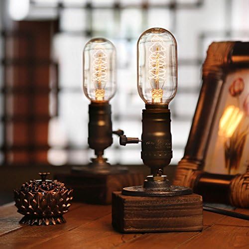 Industrial Steampunk Desk Lamp,Vintage Steam Punk Piping Table Top Lamp,Antique E26 Small Edison Bulb Iron Retro Lamps with Minimalist Loft Style Accent Wood Base for Bedside,Café,Bar,Pub,etc