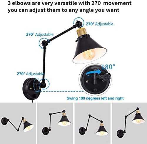 TRLIFE Plug in Wall Sconces, Dimmable Wall Sconce Swing Arm Wall Lights Plug in, Adjustable Wall Mounted Light Wall Lights with 6FT Plug in Cord, E26 Base(Two Arms, 2 Pack)