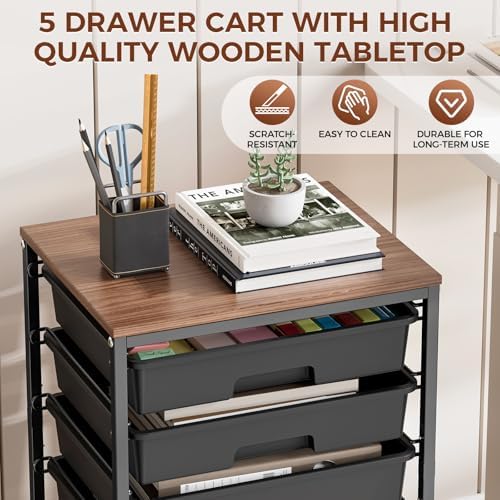 SYKIARIOL 5-Tier Rolling Cart with Drawers with Wooden Top, Black