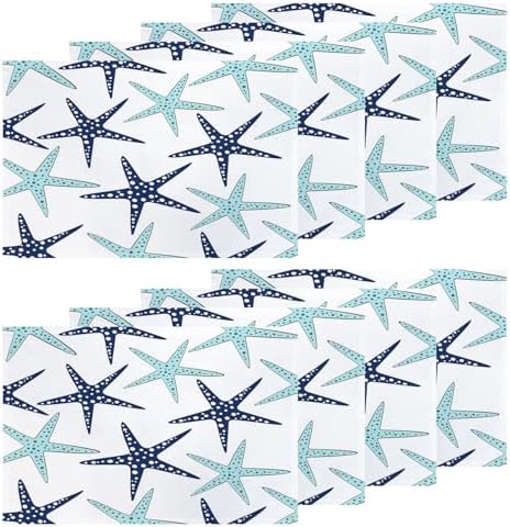 Shrahala Nautical Navy Blue Coastal Set of 8 12 X 18 Inch Linen Placemats, Navy Blue Coastal Nautical Starfish Repeat Burlap Table Mat Washable Double Layered Heat Insulation for Indoor/Outdoor