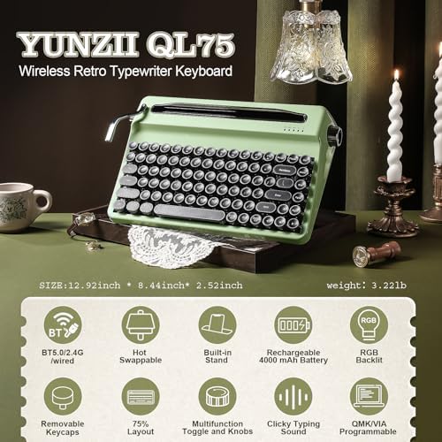 YUNZII QL75 Retro Typewriter Hot Swap RGB Keyboard (Green, Onyx Switch)
