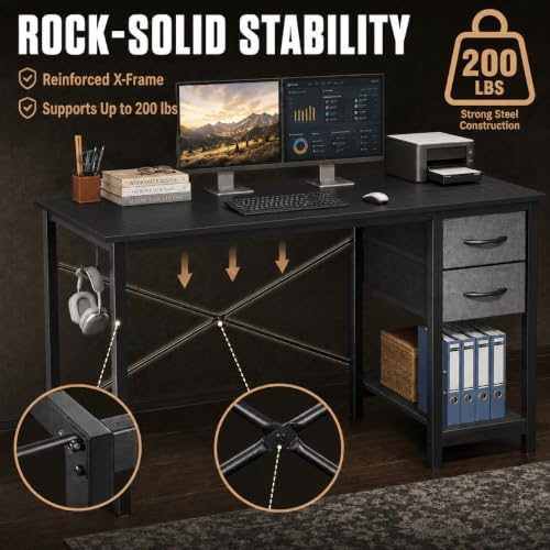Simple Deluxe 40 Inch Black Computer Desk with Drawer & Side Hook – Compact Office Desk for Bedroom, Sleek Writing Table with Storage for Study, Work & Home