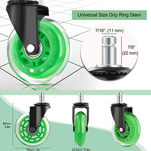 Hivexagon Office Chair Caster Wheels Replacement Set of 5, Heavy Duty Universal Quiet Rolling Casters 3 inch Fit Standard Office Chair for Hardwood Floors, Tiles and Carpet (Green)