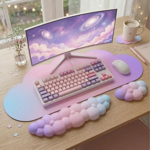 Cloud Mouse Pad Keyboard Wrist Rest for Mouse 4PCS Extended Large Desk Mat Pad Set Memory Foam Non-Slip Cute Ergonomic Gaming Mouse Wrist Support for Computer Home Office 35.4x15.7in Pink Purple Blue