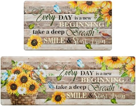 Likiyol Sunflower Kitchen Rugs Set of 2 Farmhouse Kitchen Mats for Floor Anti Fatigue Mats for Kitchen Floor, Butterfly Floral Kitchen Rugs Non Slip Washable Kitchen Floor Mats, 18''x 30''+18''x 48''