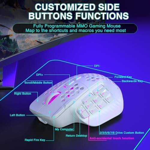 SOLAKAKA SM809 Pro Gaming Mouse with 9 Side Buttons,24000 DPI RGB Mouse for Gamer,16 Programmable Macros MMO Mouse (Wireless, 1-white2)