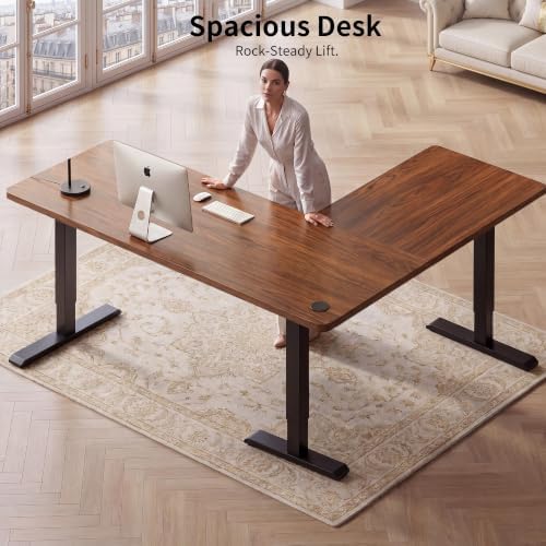 WALKINGDESK 75x61 Inches Reversible L Shaped Standing Desk Height Adjustable with Cup Holder, Electric Corner Computer Workstation for Home Office, Ergonomic Sit Stand up Gaming Desk, Black Walnut