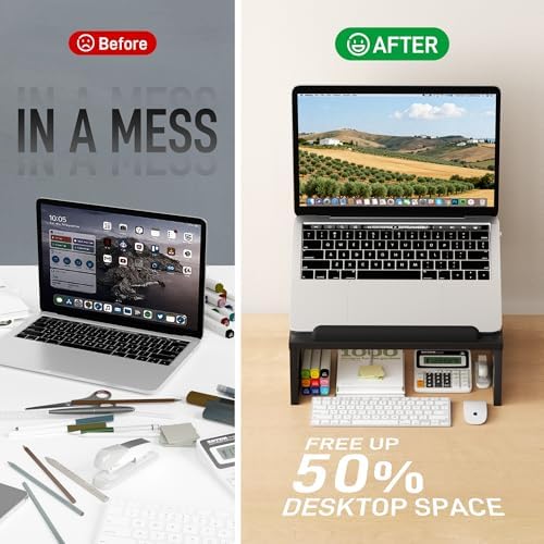 AFOOYO Adjustable Wood Laptop Stand with Storage Space - Notebook Organizer & Ergonomic Computer Riser, Wrist Rest Included, Compatible with 9.8-15'' Laptops (MacBook Air Pro/HP/Dell/Lenovo),Black
