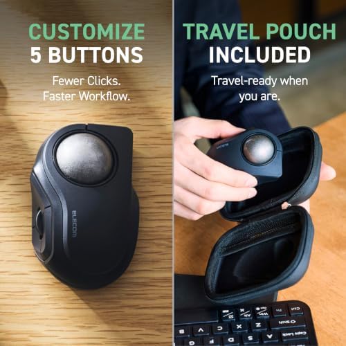 ELECOM BITRA Wireless Trackball Mouse, Bluetooth and USB 2.4GHz Switch, Silent Click, Compact Index Finger Design, 34mm Wide-Range Ball, for Windows Mac Chromebook Android iPad iPhone