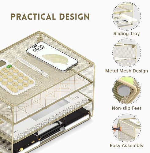 DALTACK 3 Tier Letter Tray Paper Organizer with Sliding Mesh Trays Yellow