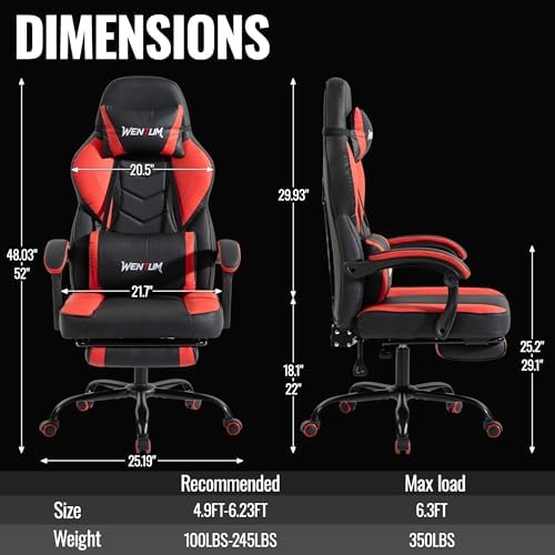 Massage Gaming Chair, Big & Tall with Lumbar Support & Footrest, Red