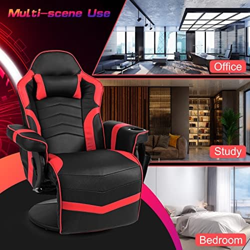 GYMAX Gaming Chair with Footrest, Massage Video Game Chairs for Adults with Remote, Adjustable Backrest, Headrest, Cup Holder & Side Pocket, Ergonomic High Back Office Computer Chair (Red)
