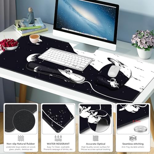 Large Mouse Pad, Keyboard Wrist Rest Set, Ergonomic, Non-slip, Washable, Wrist Support, Waterproof, 35.4 x 16 inches, Space Astronaut