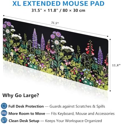 Extended Wildflower Meadow Desk Mat, XL Large Gaming Mouse Pad, Florals Weeds Stitched Edges Waterproof with Non-Slip Rubber Base for Computer Keyboard Laptop Work Home Office 31.5"x11.8"