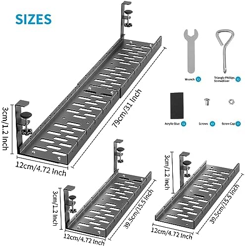 31Inch Extendable Under Desk Cable Management Tray, Black Metal Cable Management Tray Under Desk Cord Management with Clamp, 31 Inch x 4.33 Inch
