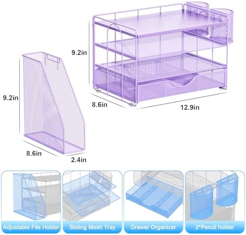 gianotter Wood Desk Organizers and Accessories with File Holder, 4-Tier Desk Accessories & Workspace Organizers with Drawer and 2 Pen Holder, Desk Reference Organizer (Purple, 4T with Metal Drawer)