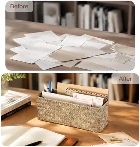 BTSKY 2 Slots Mail Organizer Countertop, Seagrass Mail Holder for Home
