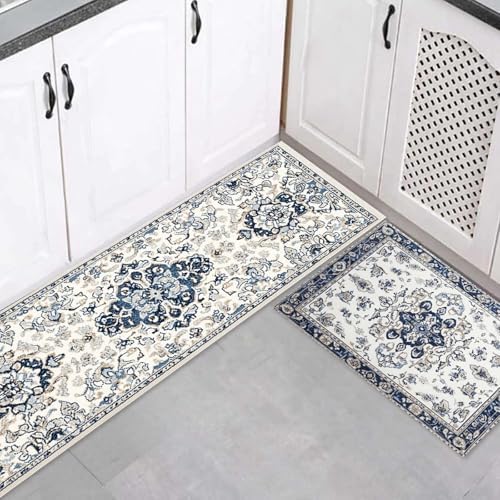 Kitchen Mats for Floor, 2PCS Waterproof Cushioned Non-Slip Anti Fatigue Rugs for Kitchen,Washable Comfort Absorbent Kitchen Mat Set for Laundry Sink Office Farmhouse Home