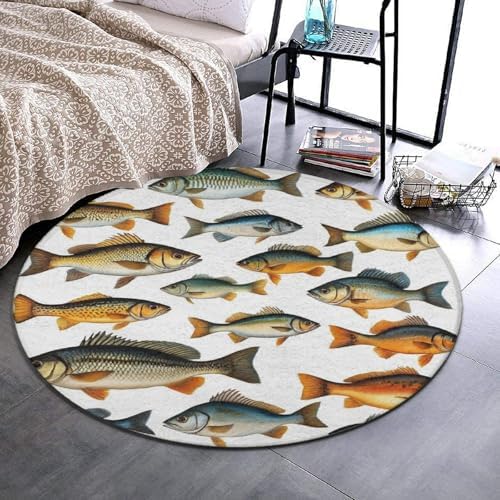 Men's Large Home Decor Mat, Soft Round Yoga Carpet, Non Slip Machine Washable Home Office Circle Rug Watercolor Few Freshwater Cartilaginous Fish Marine Life