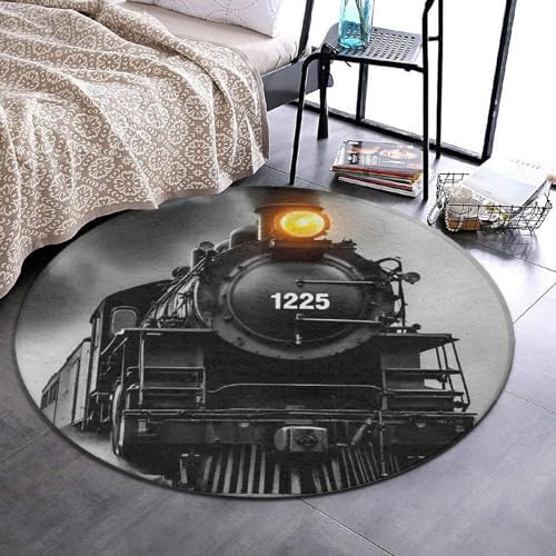 Men's Large Home Decor Mat, Soft Round Yoga Carpet, Non Slip Machine Washable Home Office Circle Rug Black Steam Train