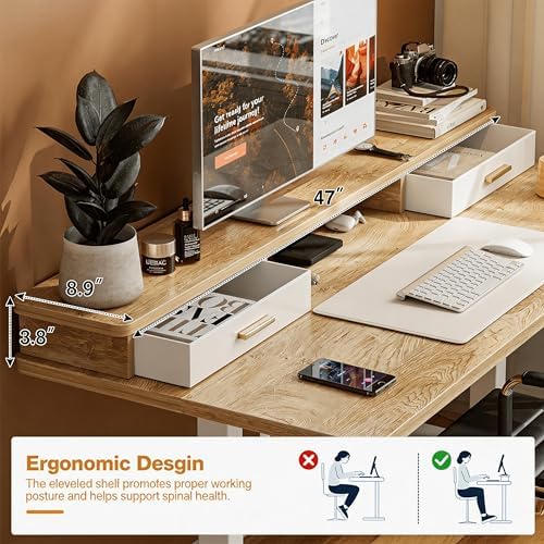 Grandder Electric Standing Desk with Two Drawers, Sit to Stand Up Height Adjustable Desk with Storage Shelf for Home Office, 47 * 24 Inch, Study, Ergonomic Adjustable Computer Desk, Oak