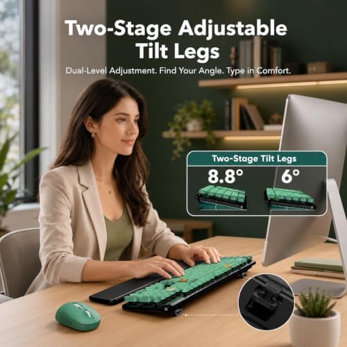 Wireless Keyboard and Mouse, Round Keycap, Magnetic Wrist Rest, Green Black