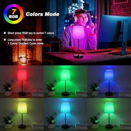 Ascher Bedside Table Lamp Set of 2, RGB Color Changing, 3 Color Temperatures, Dimmable Nightstand Lamp with USB C+A Ports, Touch Desk Lamp for Bedroom Living Room, H15.6in, Flaxen Shade