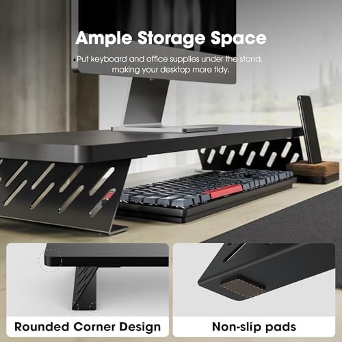 Fenge Monitor Stand Riser, Wooden & Metal Desk Shelf Organizer, Black